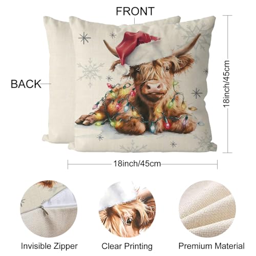 GAGEC Christmas Pillow Covers 18x18 Highland Cow Decor Throw Pillow Case