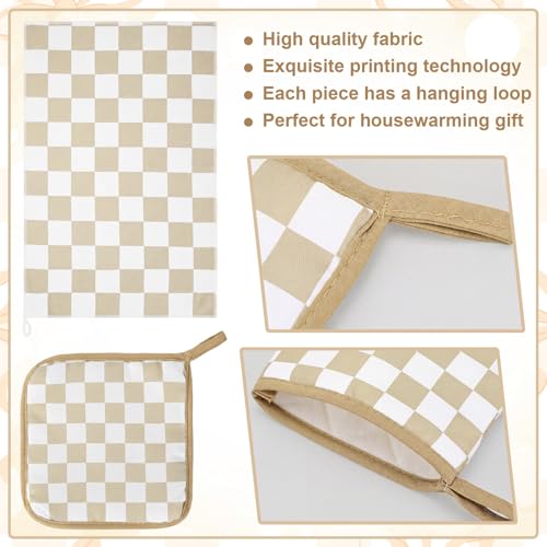 7-Piece Kitchen Decor Set, Beige Checkerboard Oven Mitts and Towels