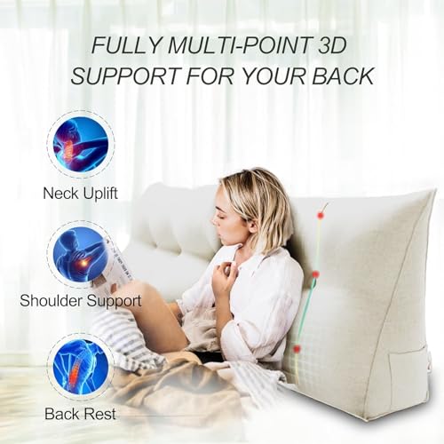 Ergonomic Wedge Pillow Headboard for Twin XL Bed - Removable Cover, 80% Cotton & 20% Linen, Pure White
