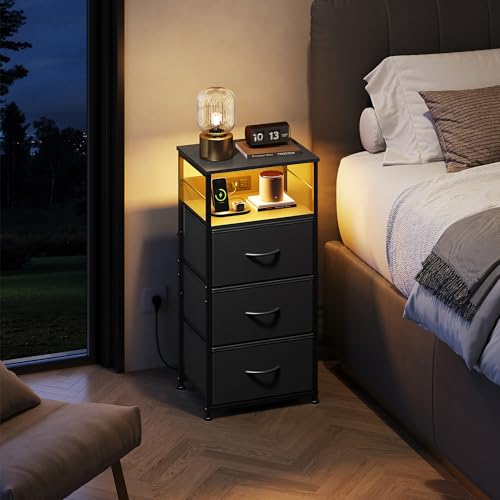 3-Drawer LED Nightstand with Charging Station, Bedside Table with USB Ports