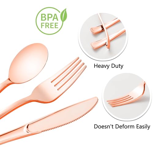 50 Pack Rose Gold & Black Plastic Silverware Set with Napkins - Disposable Party Utensils