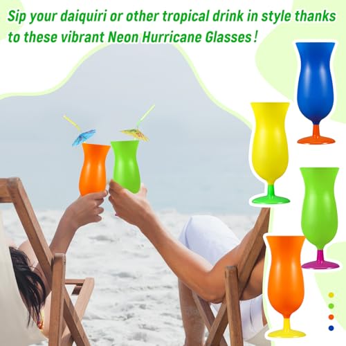 Neon Colored Plastic Hurricane Cups with Umbrella Straws - Tropical Party Supplies