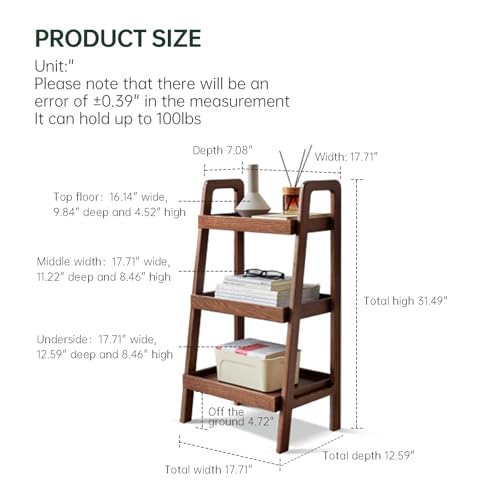 3 Tier Solid Oak Ladder Bookshelf, Compact Wood Storage Display Shelf