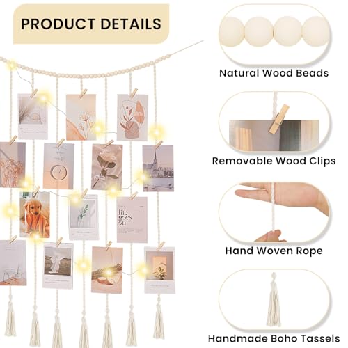 Macrame Hanging Photo Display with Fairy Lights and 30 Clips, Boho Wall Decor