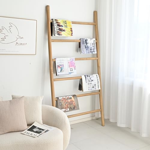 FUIN Rustic Wooden Blanket Ladder - 38in Wide, 6.4ft Tall, Knock Down Design