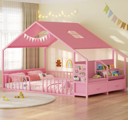 Montessori House Floor Bed with Reading Nook, Storage Drawers & Guardrails