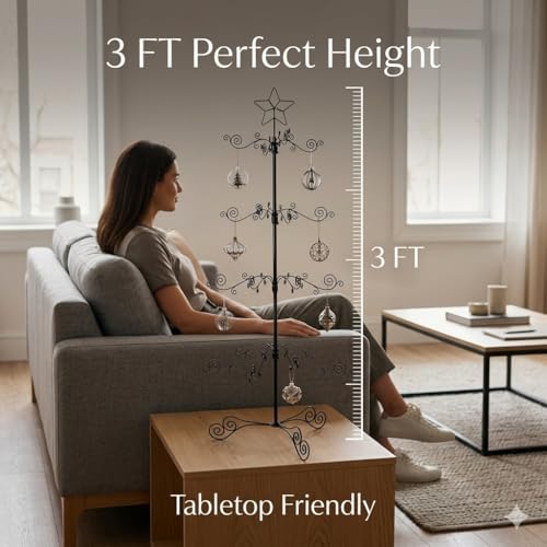 HOHIYA Black 3 Ft Ornament Display Tree Stand with 56 Hooks for Christmas & Holiday Decor