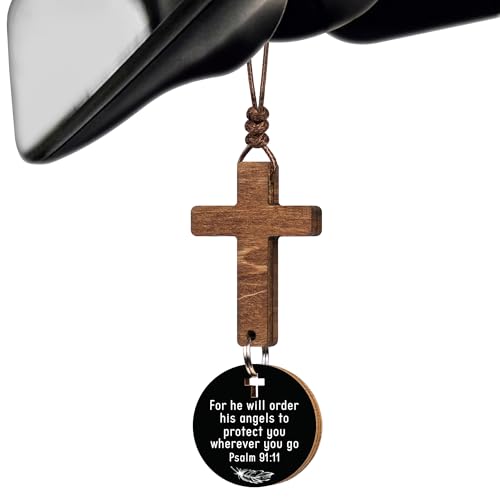 Handmade Wooden Hanging Cross for Car Mirror with Daily Bible Verse Scan