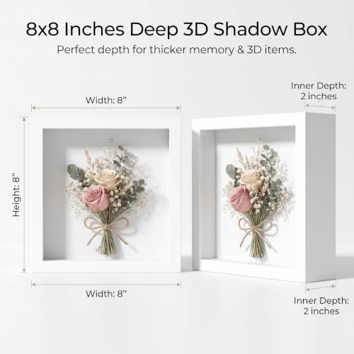 8x8 Deep Shadow Box Frame, Wooden 3D Display Case for Keepsakes and Flowers