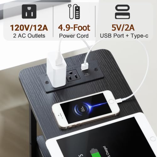 Narrow End Table with Charging Station & 2 Fabric Drawers - Slim Side Table