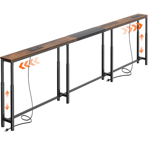 Extendable Narrow Sofa Console Table with Outlets & USB-C, Rustic Brown