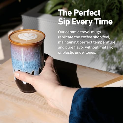 NOVA CERAMICS Monsoon 16oz Ceramic Travel Mug - Green Coffee Tumbler, Microwave & Dishwasher Safe