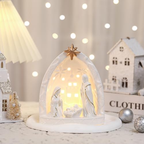 Lighted Ceramic Nativity Scene Set - Holy Family Tabletop Christmas Decor