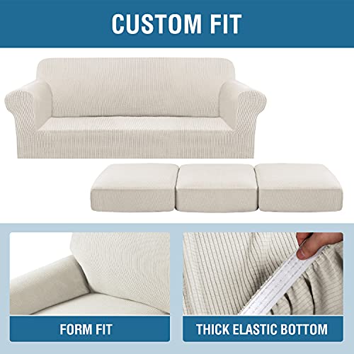 4-Piece Stretch Couch Cover for 3 Cushion Sofa - Thick Jacquard (Ivory)
