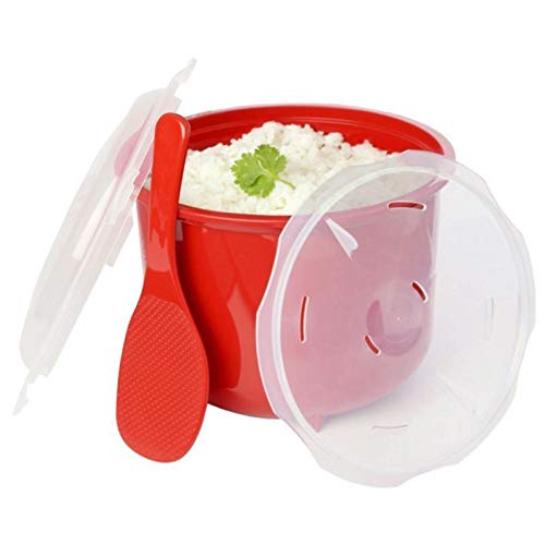 Microwave Rice Steamer Cooker BPA-Free – 2.6L (87.9oz) Red Rice Maker with Lid and Spoon – Dishwasher Safe Microwaveable Cooker for Basmati, Spanish, Indian Rice, Pasta, Ramen, and Vegetables
