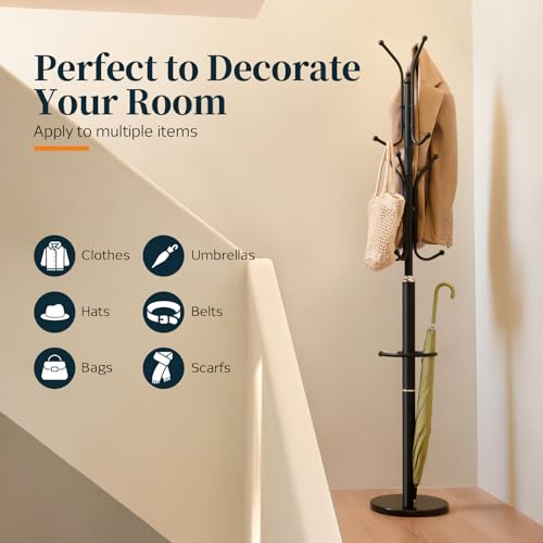 Freestanding Metal Coat Rack with Marble Base and 12 Hooks