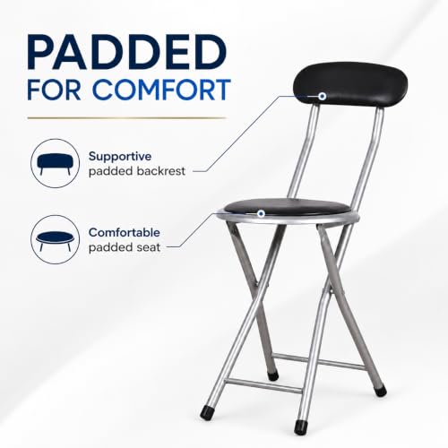 Padded Folding Stool with Backrest, Space-Saving Metal Chair for Home