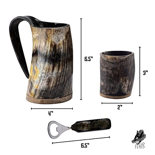 Handmade Viking Drinking Horn Mug Set - 16 oz Ox Horn Cup with Shot Glass