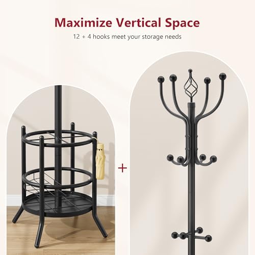 Freestanding Coat Rack with Umbrella Holder and 16 Hooks, Black Metal