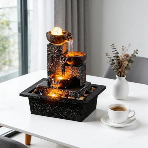 Tabletop Water Fountain with Rotating Ball & Warm LED Light - Zen Decor