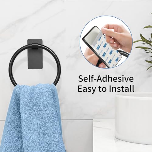 STWWO Black Adhesive Hand Towel Ring - No Drill Towel Holder for Bathroom