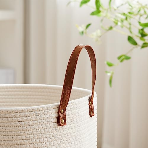 100L Tall Woven Cotton Rope Laundry Hamper with Leather Handles