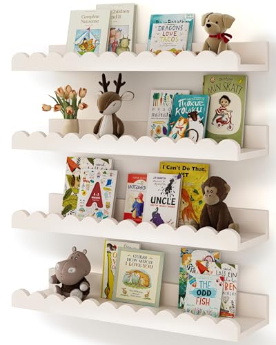 White Floating Nursery Book Shelves - 4-Pack Scalloped Wall Shelves
