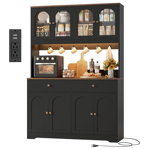 71-Inch Tall Kitchen Pantry Cabinet with RGB LED, Power Outlet and Hutch