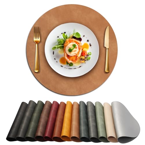 Round Faux Leather Placemats 15-Inch, Waterproof Heat-Resistant Set of 8