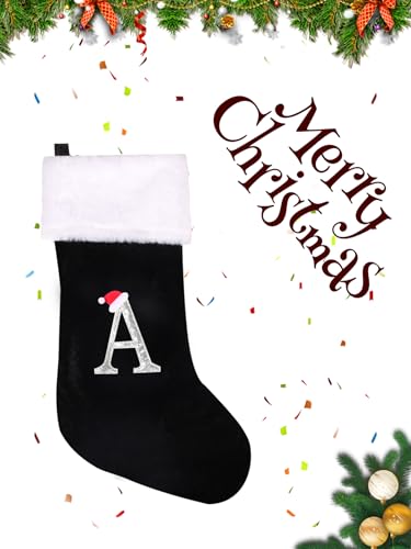 Personalized Monogram Christmas Stocking - 20" Black Velvet & Plush Cuff
