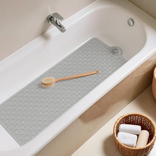 Extra Long Non-Slip Bathtub Mat with Hair Catcher, 39 x 17 Inch Grey