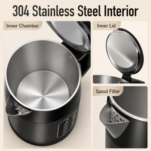 Mecity 1.7L Electric Kettle Touch Screen Temp Control No Plastic Water Boiler Grey & Black