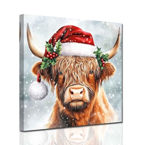 SWQYLB Christmas Highland Cow Canvas Wall Art 24x24 White Framed Farmhouse Decor