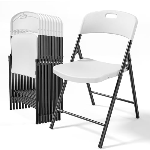 10-Pack Folding Chairs, Portable White Plastic Seats with Sturdy Steel Frame