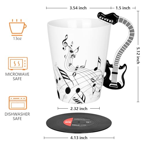 Maustic Black Guitar Mug 13 Oz with Vinyl Record Coaster – Music Gift for Guitar Lovers