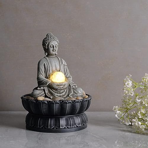 Meditating Buddha Tabletop Water Fountain with LED Glass Orb - 9.6 Inch