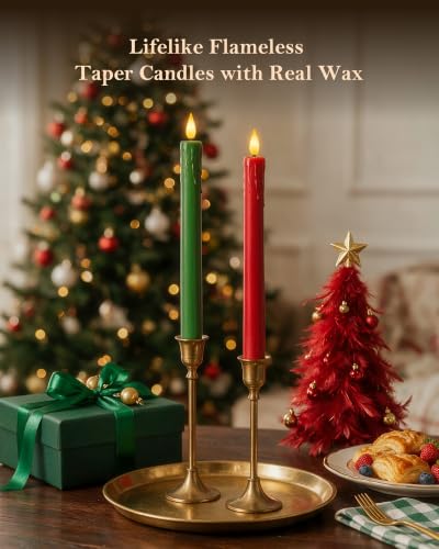 Homemory Real Wax 9.6 In Flameless Taper Candles, Red & Green with Remote Timer (Drip Taper), 6 Pack