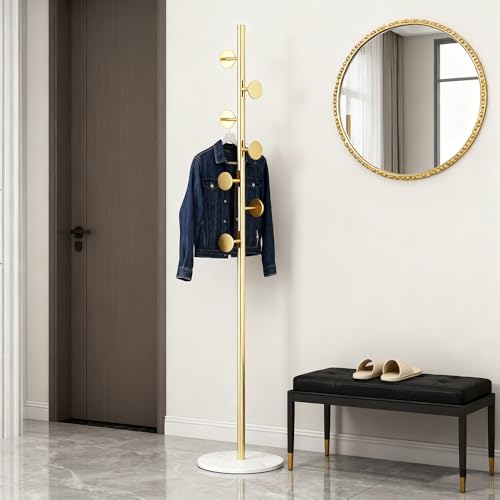 Freestanding Gold Coat Rack with Marble Base & 7 Hooks - 67 Inch