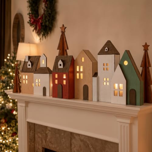 Lighted Wooden Christmas Village Set - 9 Piece Holiday Tabletop Decor