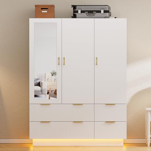 3-Door Wardrobe Closet with Mirror, Drawers, and RGB LED Lighting