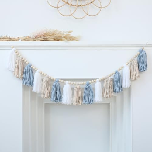 Boho Blue Tassel Garland with Wood Beads for Nursery and Home Decor