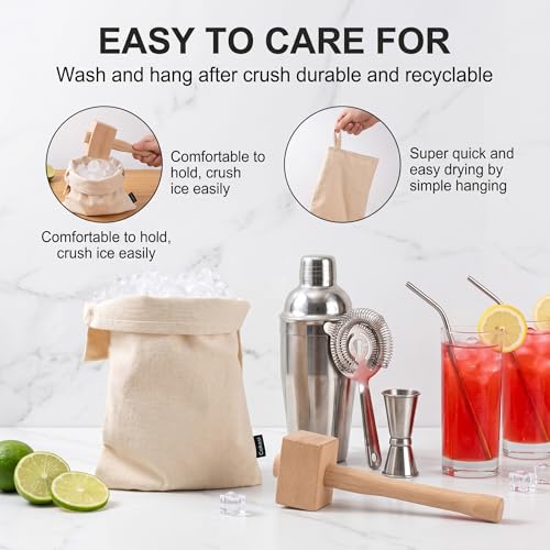 Cakasi Lewis Bag and Ice Mallet Crush Set - Wooden Ice Hammer & Reusable Canvas Bag for Cocktails & Drinks