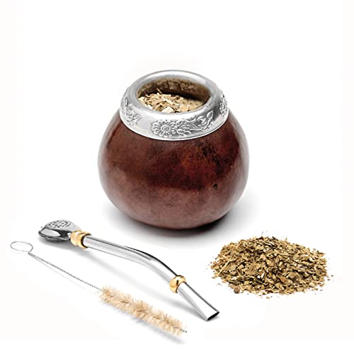 BALIBETOV Dark Brown 7oz Natural Handmade Yerba Mate Gourd Set with Bombilla & Brush