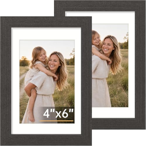 Vittanly 4x6 Solid Wood Picture Frame with Mat, Charcoal Black - 2 Pack