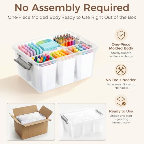 17QT Clear Plastic Craft Organizer and Storage Bin with 6 Detachable Inserts and Lid