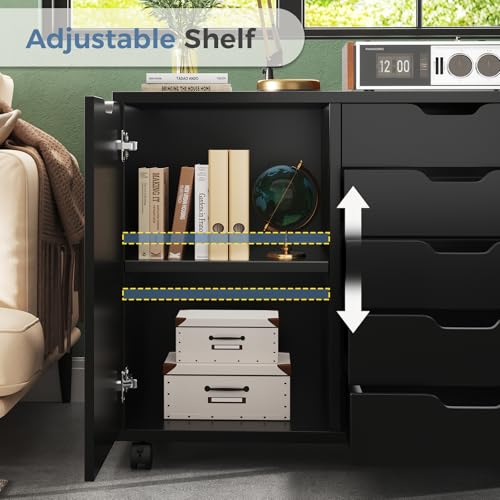 5-Drawer Mobile File Cabinet & Printer Stand with Adjustable Shelf, Black