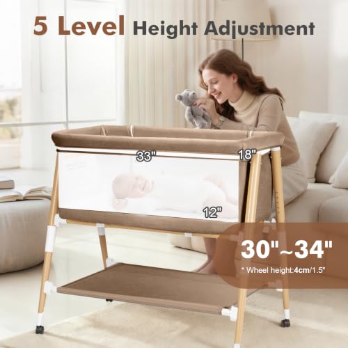 3-in-1 Portable Bedside Bassinet for Newborn with Storage & Wheels - Khaki