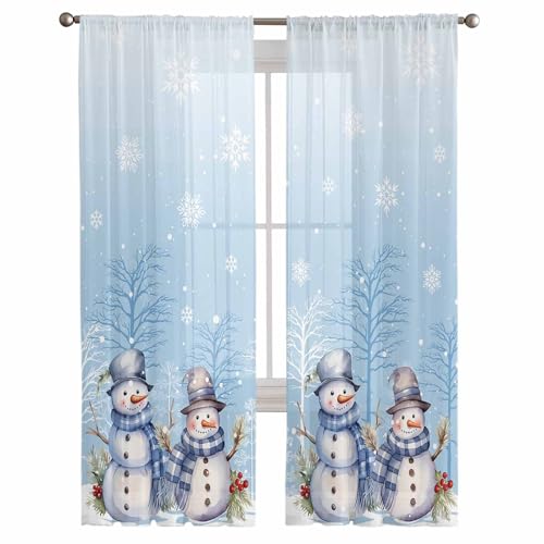 ZOE GARDEN 52x96 Craft Blue Snowman Chiffon Curtains 2-Piece Set, Rod Pocket Voile Panels