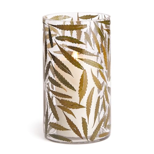 NAPA Home & Garden Rustle Hurricane Candle Holder 4.75 x 4.75 x 8 inches, Green Glass, Hand-Encased Fern