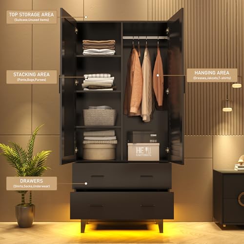 2-Door Wardrobe Armoire with LED Lights, Mirror, Drawers and Shelves